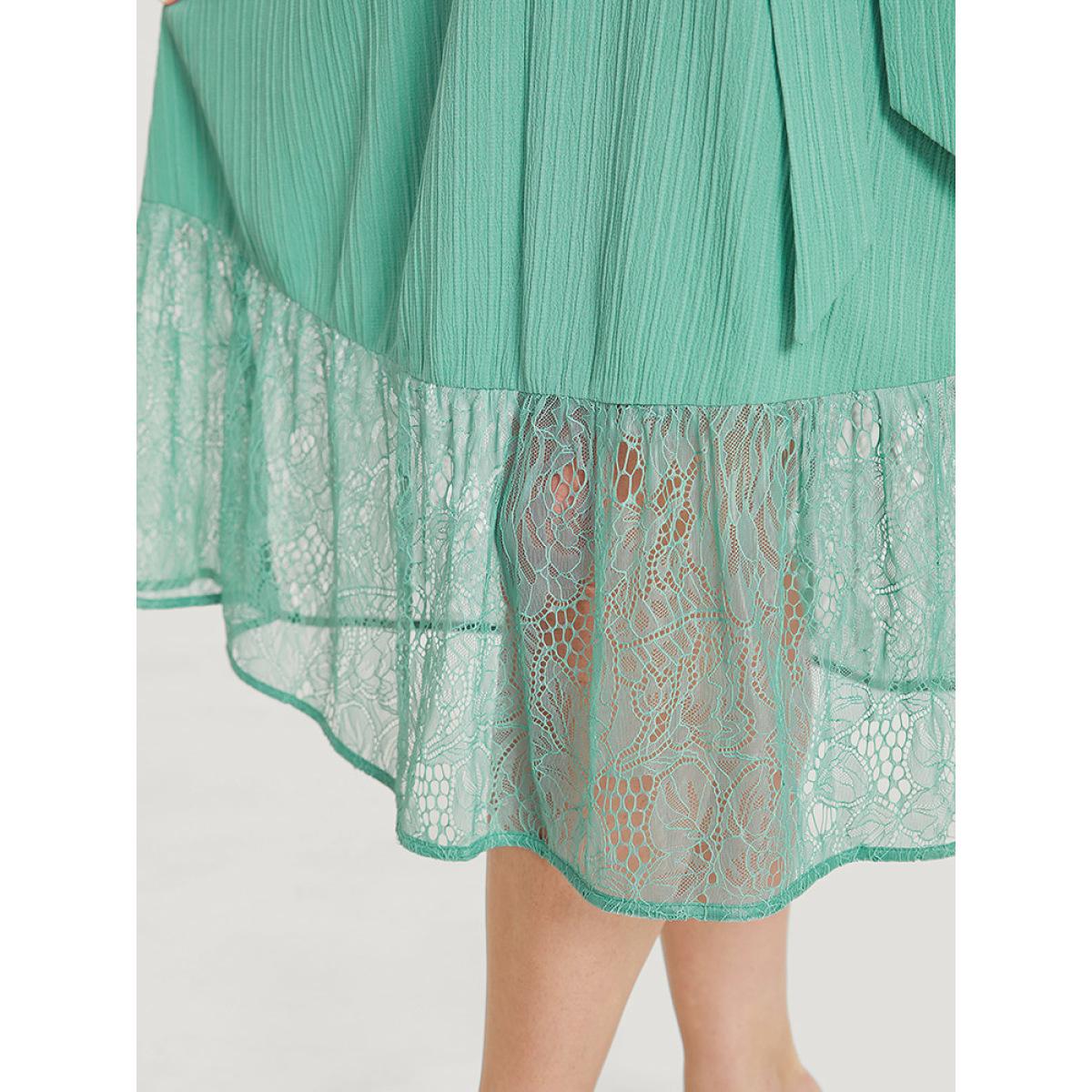 Plus Size Plain Pocket Lace Raglan Sleeve Ruffle Belted Plisse Dress Mint Women Office Plain V-neck Short sleeve Curvy Midi Dress BloomChic 14-16/1X Product Image