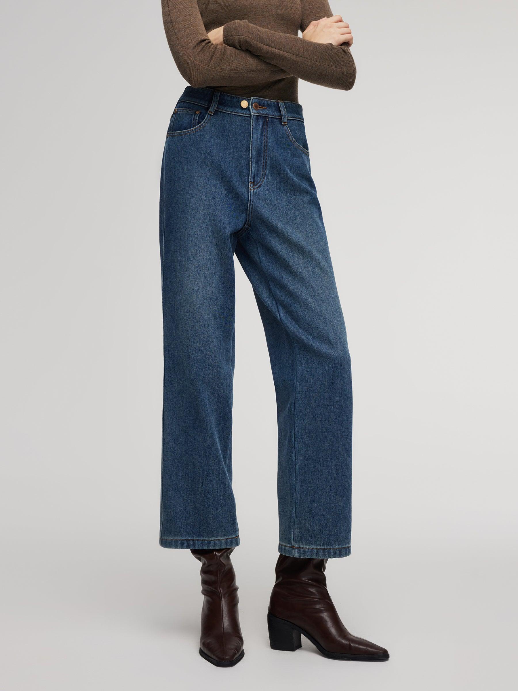 100% Cotton Denim Fleece Lined Women Straight Ankle Length Jeans Product Image