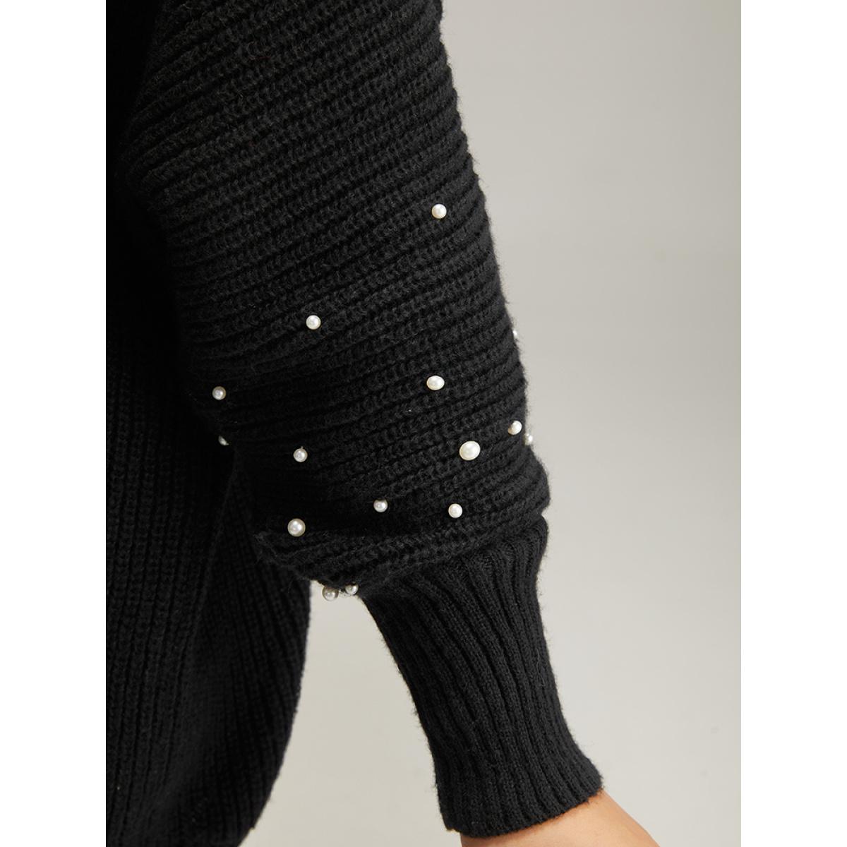 Plus Size Patchwork Pearl Beaded Curved Hem Cardigan Black Women Casual Loose Long Sleeve Dailywear Cardigans BloomChic 18-20/2X Product Image