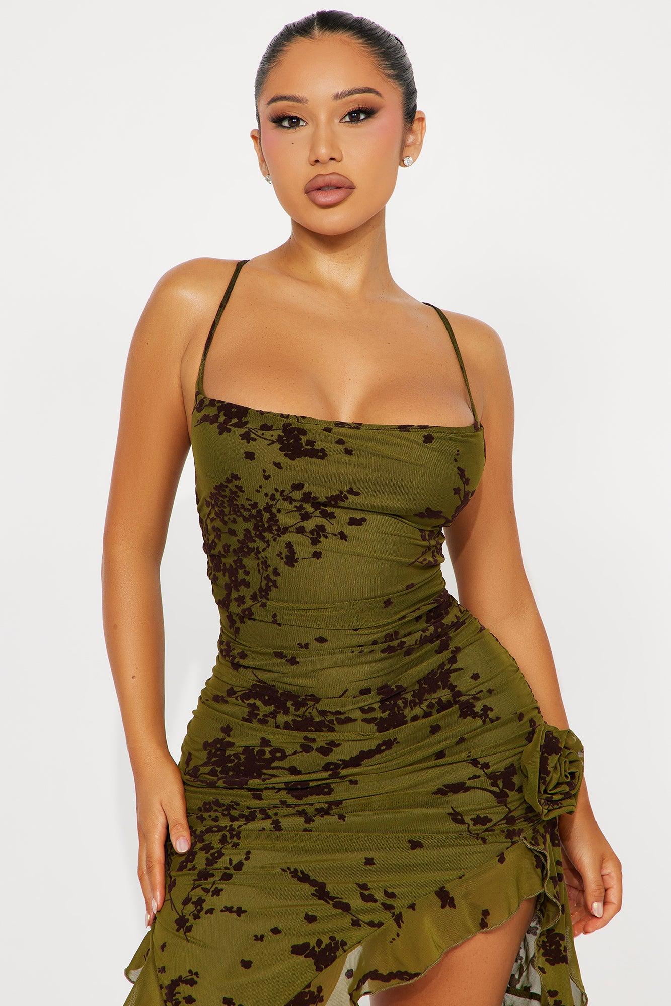 Blossom Bliss Mesh Midi Dress - Olive Product Image