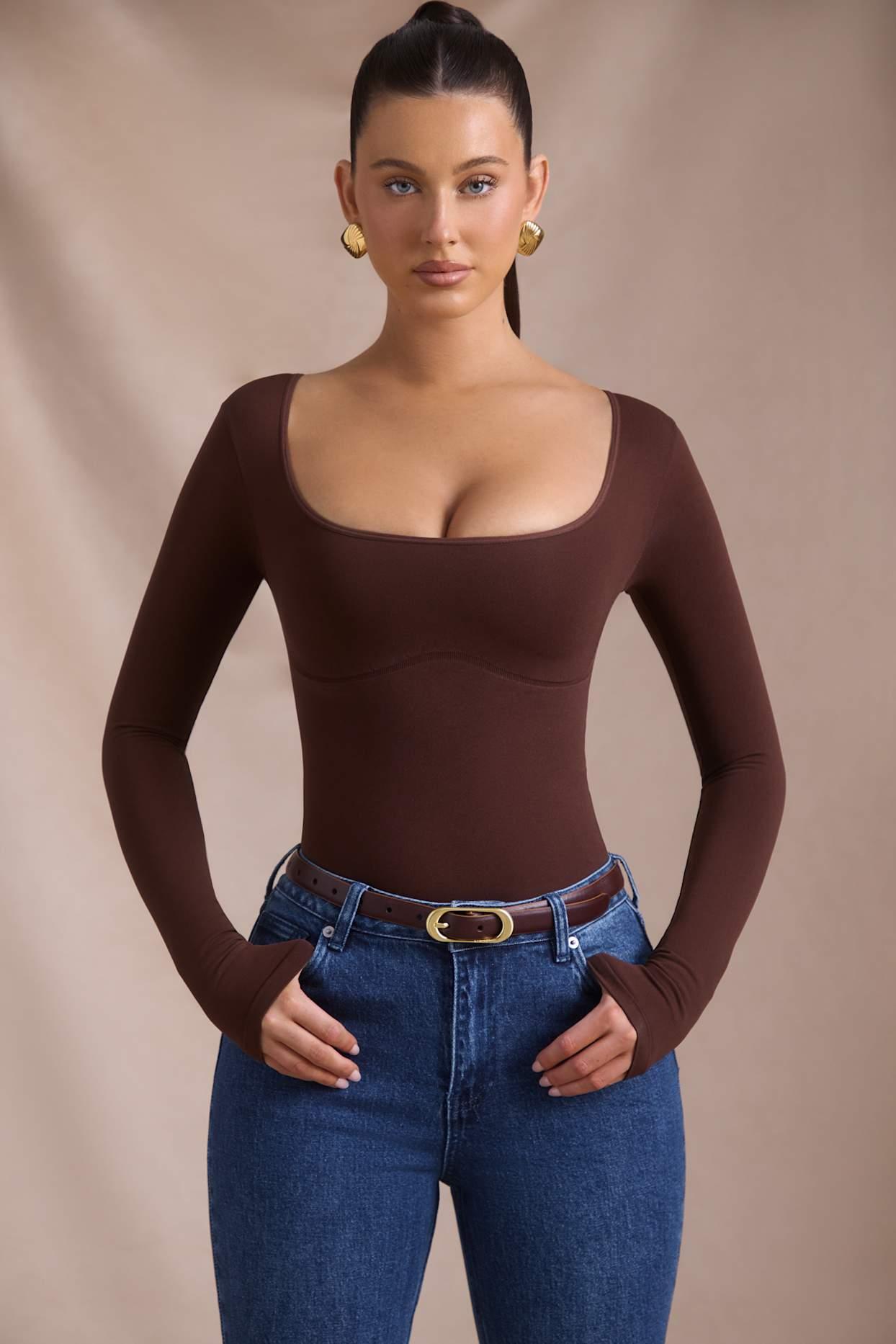 Seamless Long-Sleeve Bodysuit in Espresso Female Product Image