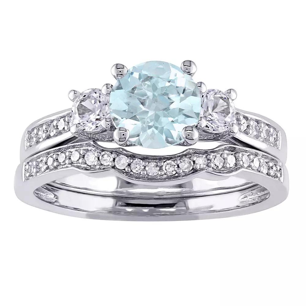 Stella Grace 10k White Gold Aquamarine, Lab-Created White Sapphire & 1/8 Carat T.W. Diamond Vintage Engagement Ring Set, Women's, Size: 5 Product Image