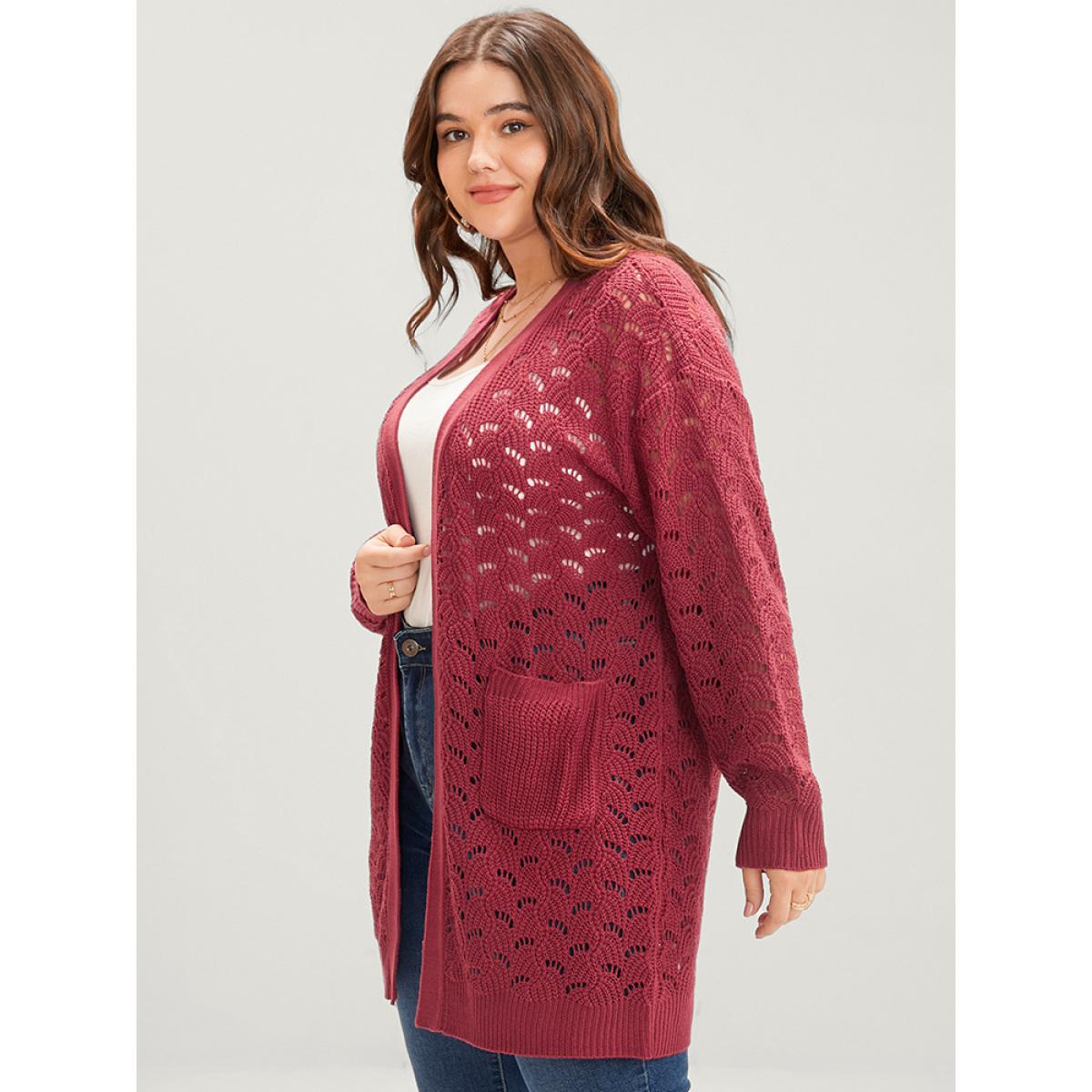 Plus Size Plain Pointelle Knit Cut Out Pocket Open Front Mid Long Cardigan Burgundy Women Casual Loose Long Sleeve Dailywear Cardigans BloomChic 22-24/3X Product Image