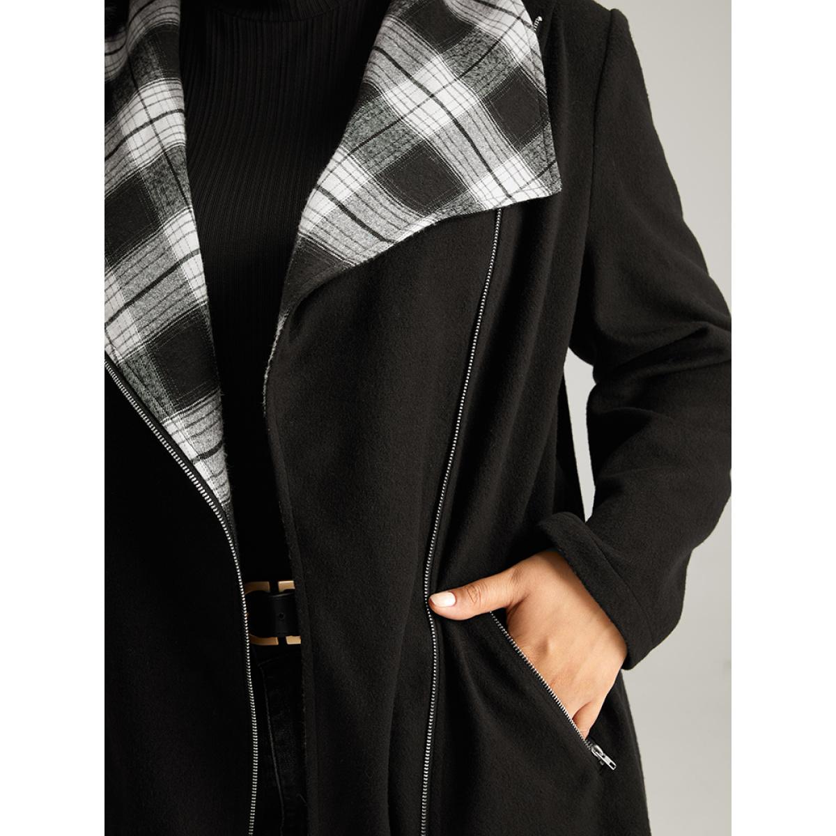 Plus Size Plaid Patchwork Lapel Collar Zipper Coat Women Black Elegant Contrast Ladies Everyday Winter Coats BloomChic 18-20/2X Product Image
