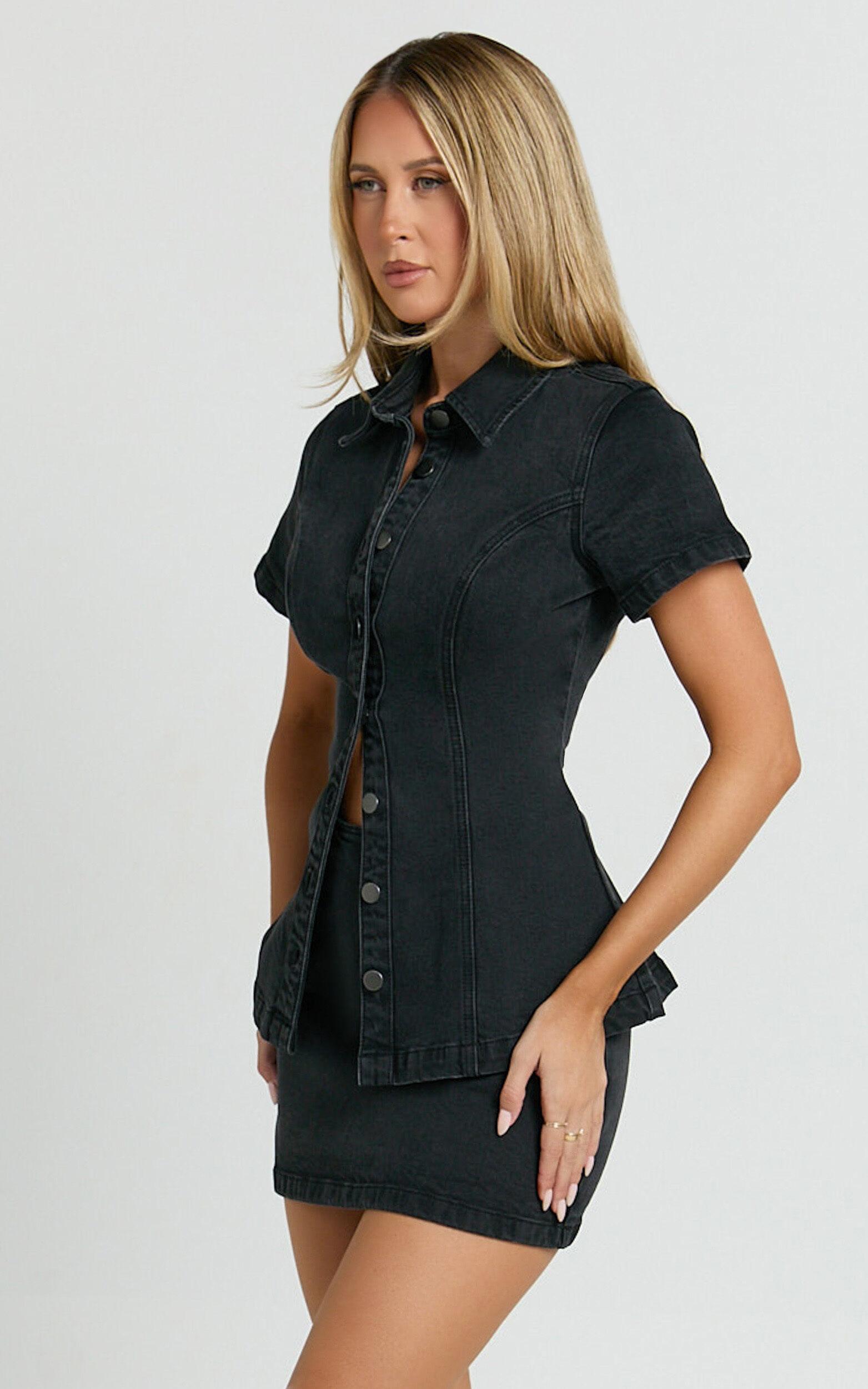 Paige Top - Button Down Short Sleeve Denim Top in Washed Black Product Image