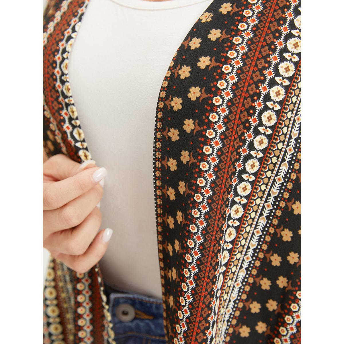 Plus Size Boho Print Open Front Half Sleeve Kimono Women DarkBrown Casual Printed Loose Dailywear Kimonos BloomChic 18-20/2X Product Image