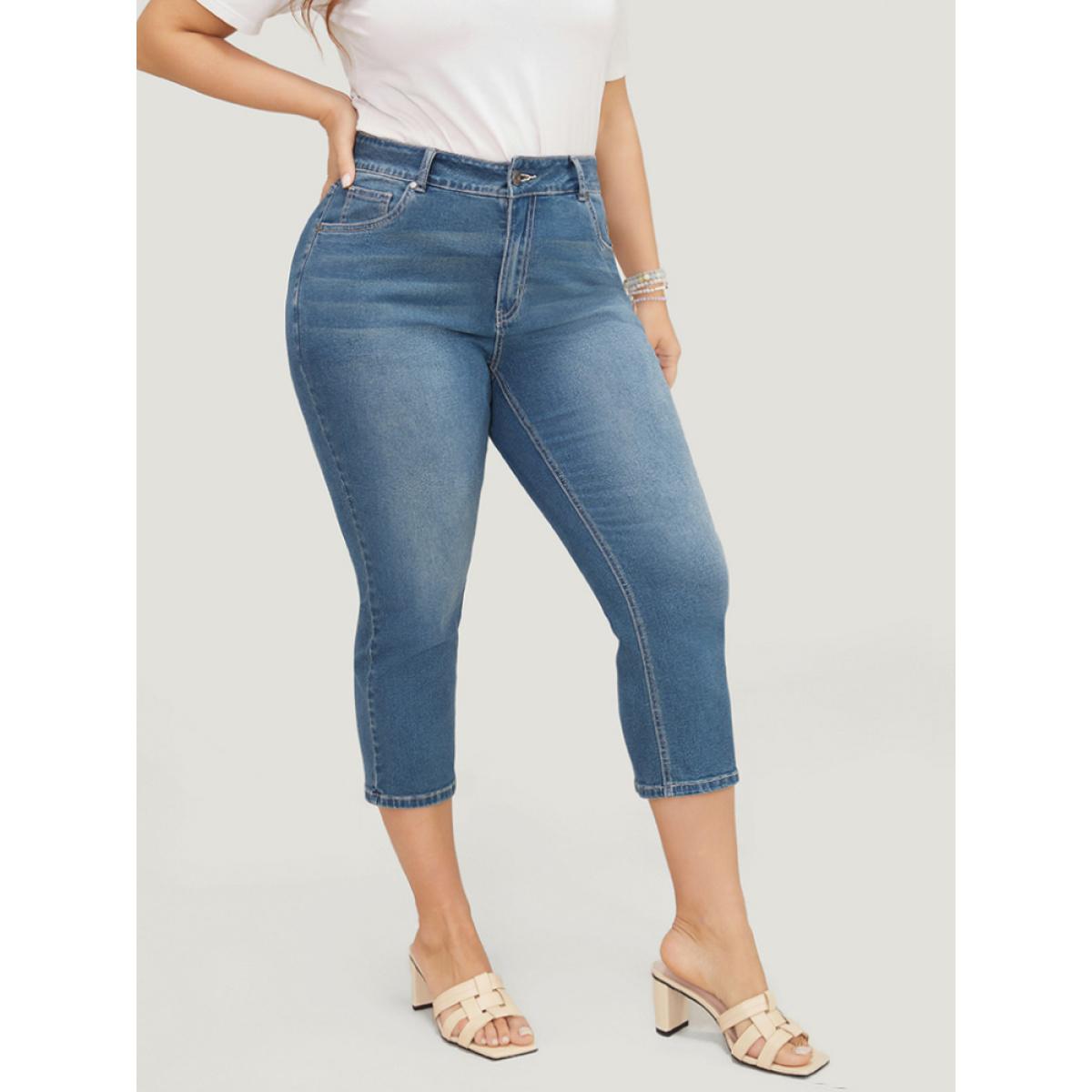 Plus Size Skinny Very Stretchy High Rise Medium Wash Cropped Jeans Women Indigo Casual Plain High stretch Side seam pocket Jeans BloomChic 20/2X Product Image