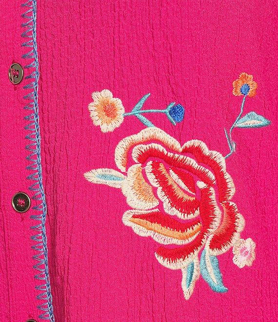 Calessa Floral Embroidered Point Collar Long Sleeve Button Front Tunic Product Image