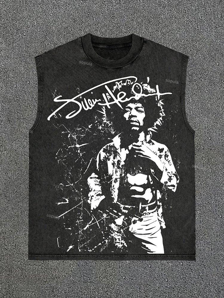 Sopula Jimi Hendrix Pattern Vintage Wash Retro Sleeveless Tank Top Product Image