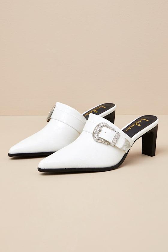 Isabetta White Pointed-Toe Buckle Mules Product Image