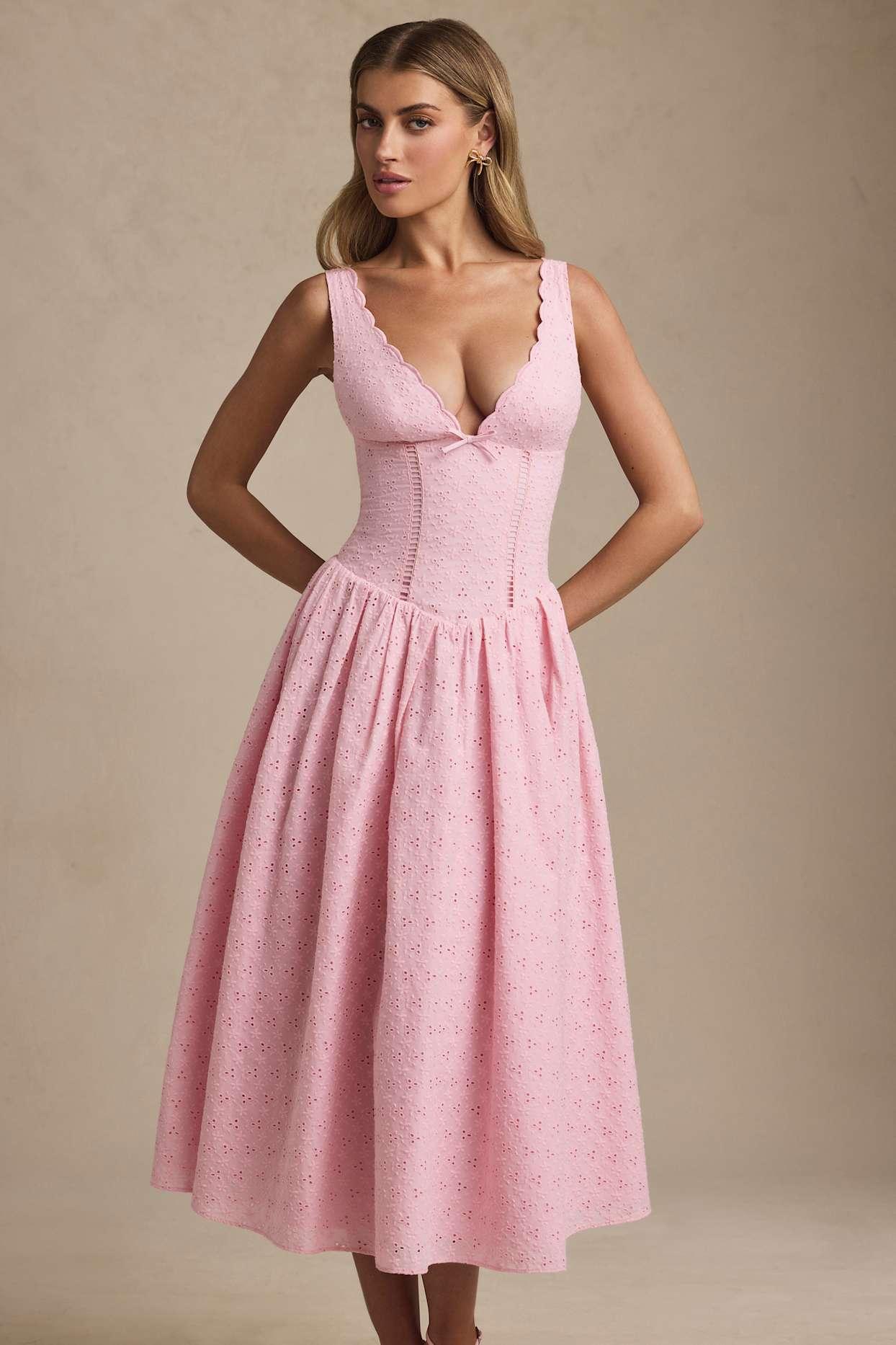 Broderie Anglaise Bow-Detail A-Line Midaxi Dress in Soft Pink Product Image