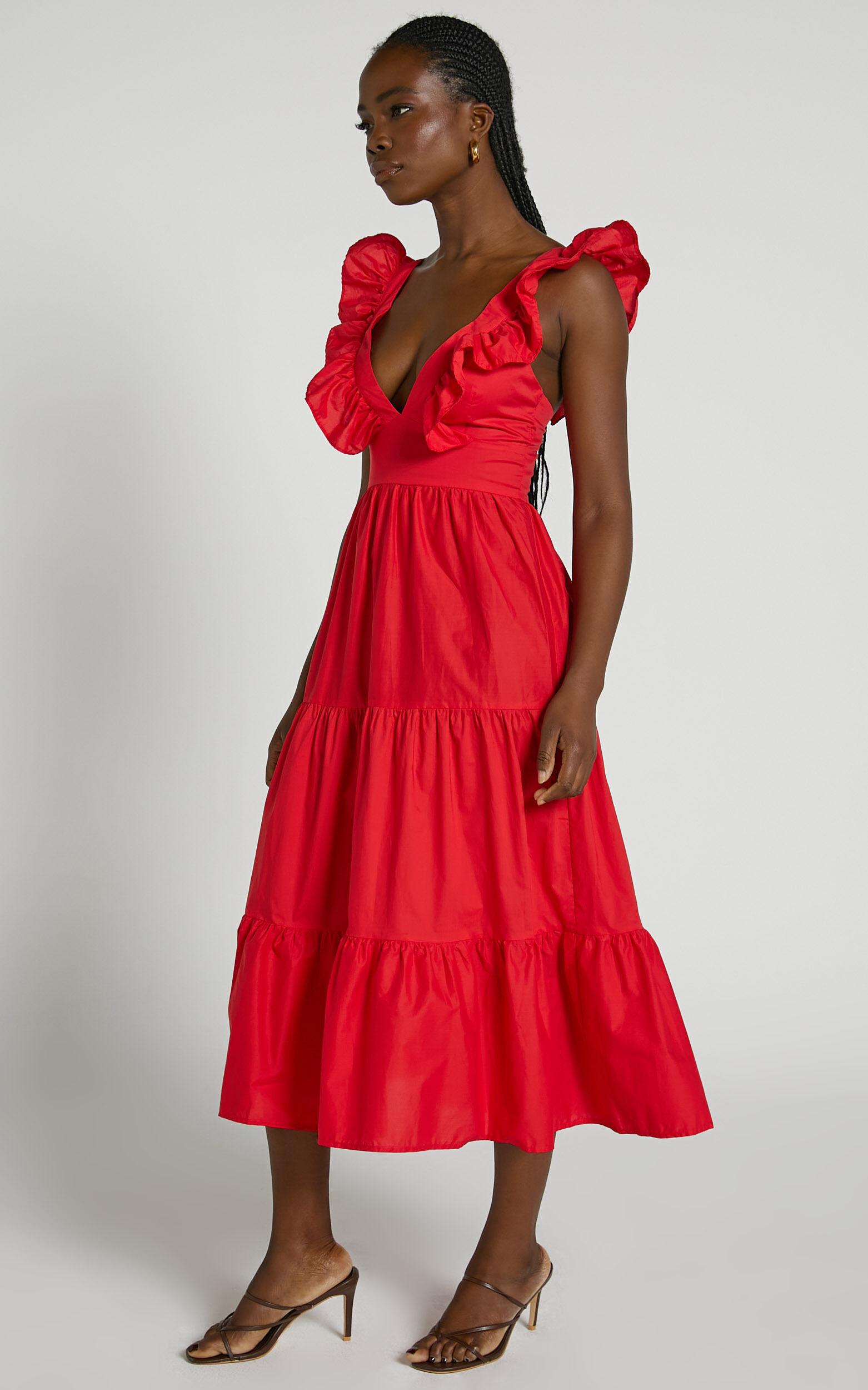Levona Midi Dress - Ruffle Shoulder Tiered Dress in Cherry Tomato Product Image