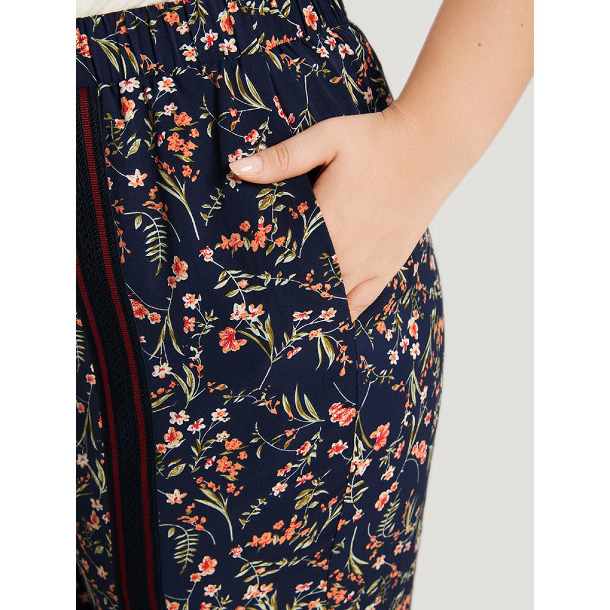 Plus Size Ditsy Floral Pocket Elastic Waist Ties Patchwork Pants Women Indigo Elegant High Rise Dailywear Pants BloomChic 30/6X Product Image