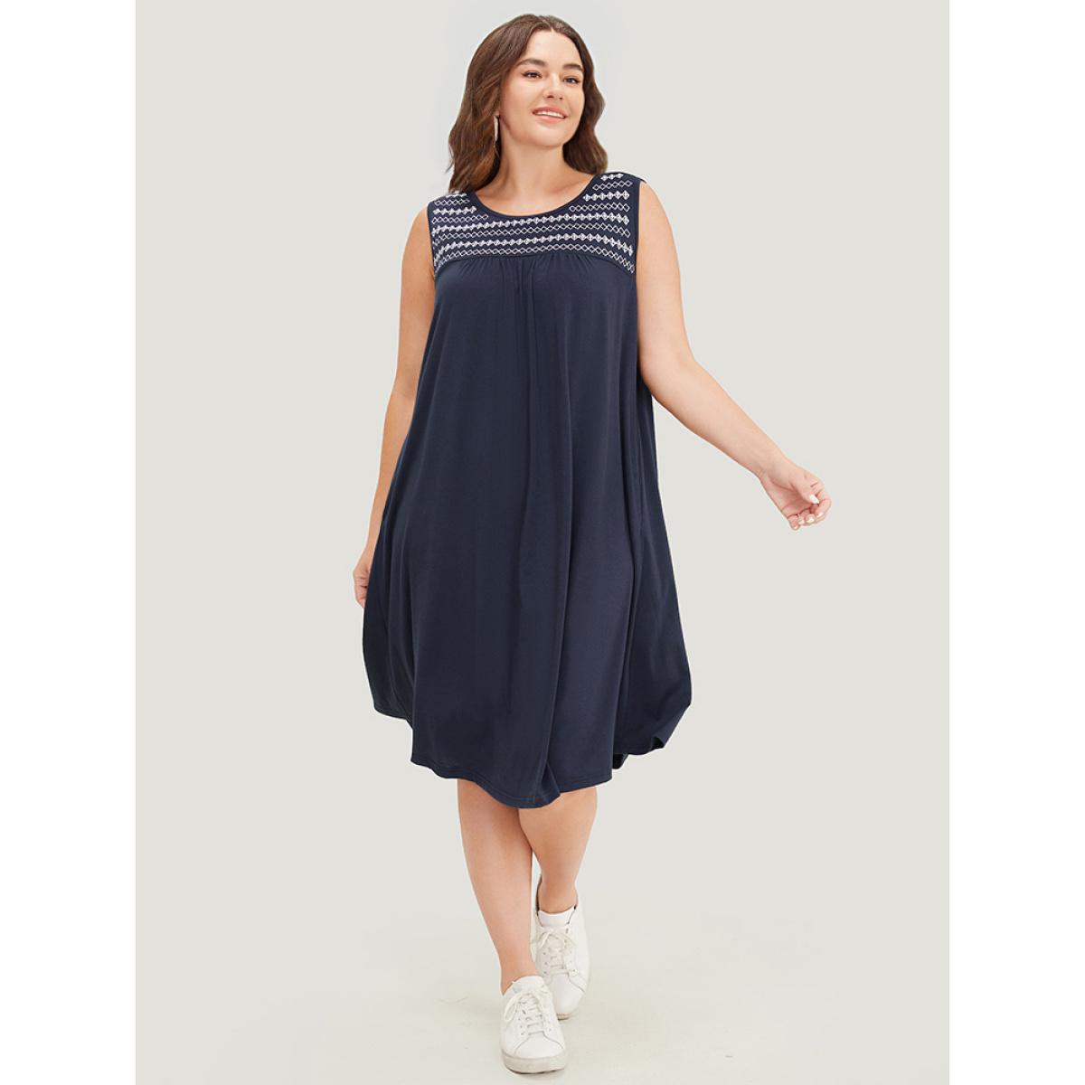Plus Size Geometric Embroidered Gathered Pocket Tank Dress Navy Women Casual Gathered Round Neck Sleeveless Curvy Midi Dress BloomChic 12/L Product Image