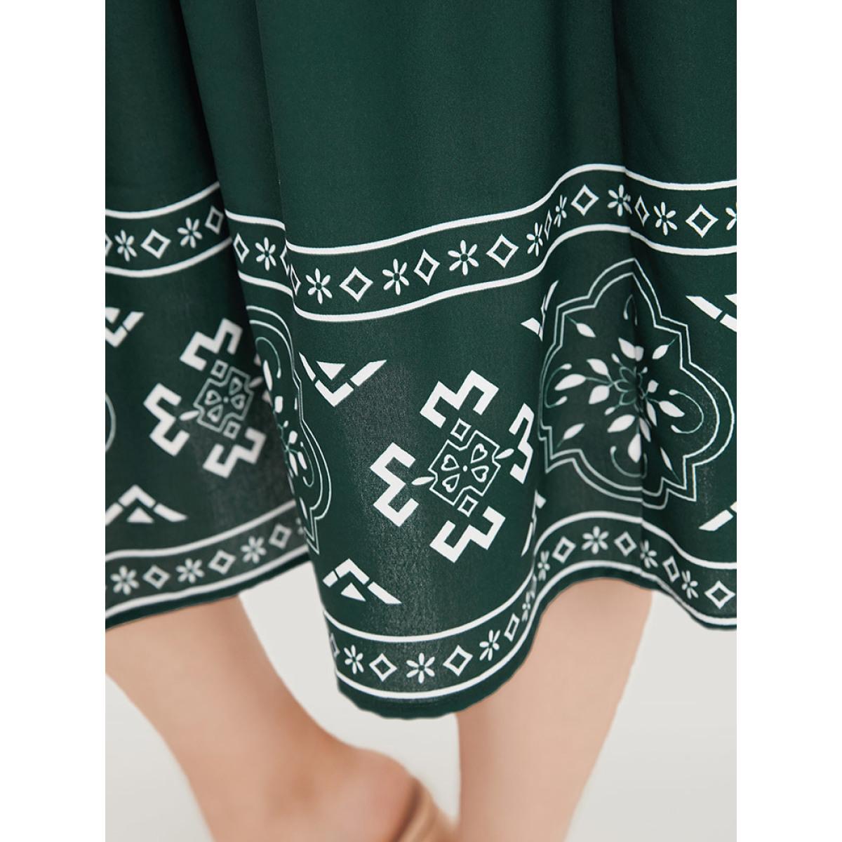 Plus Size Bandana Print Knot Neck Frill Trim Bell Sleeve Dress DarkGreen Women Vacation Cross straps Notched collar Half Sleeve Curvy Midi Dress BloomChic 28/5X Product Image