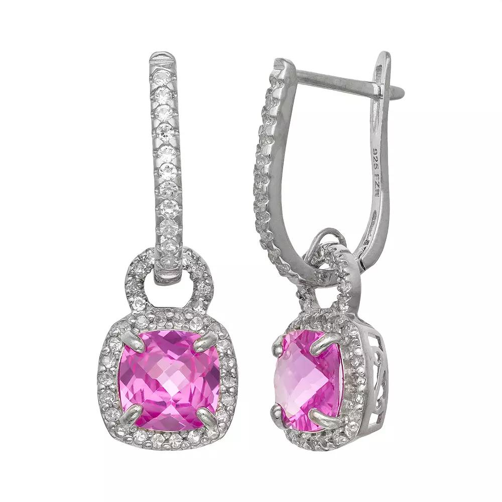 Sterling Silver Lab-Created Pink and White Sapphire Square Halo Drop Earrings, Women's, Multi Product Image