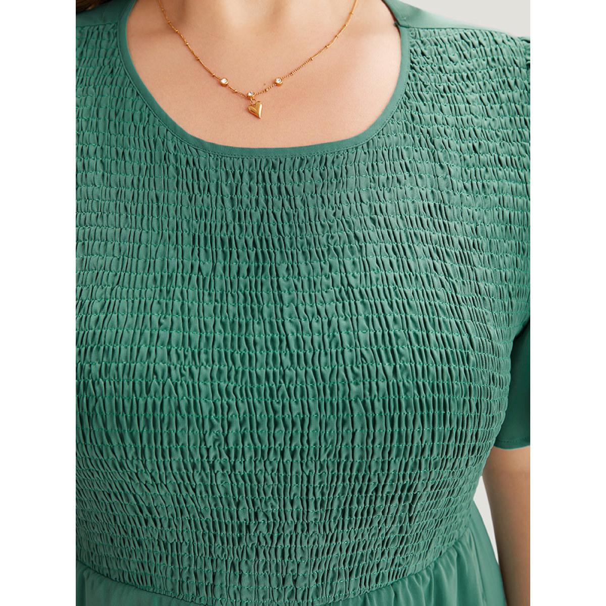 Plus Size Solid Shirred Pocket Layered Hem Dress Emerald Women Elegant Plain Round Neck Short sleeve Curvy Midi Dress BloomChic 10/M Product Image