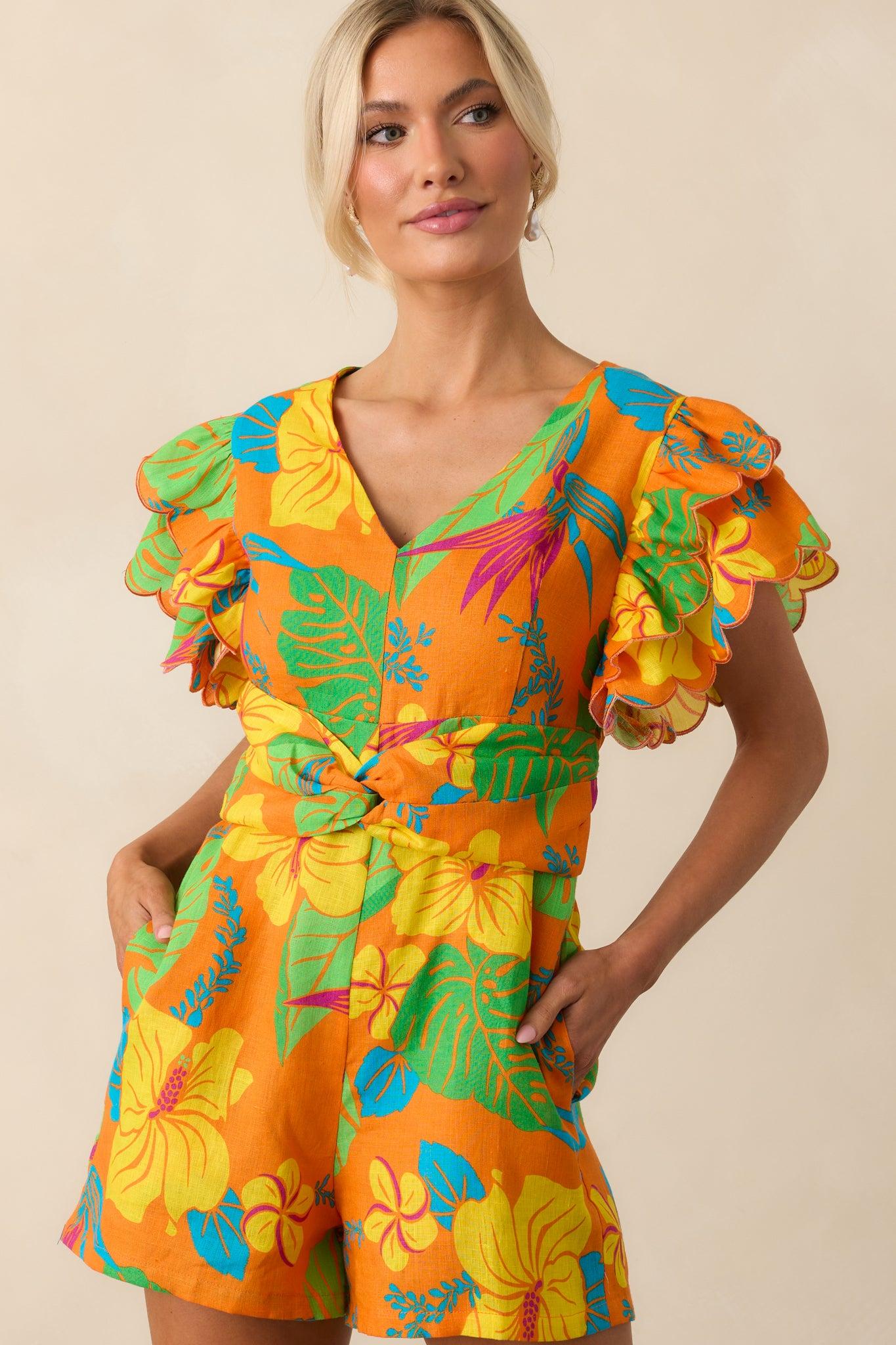 Palm Tree Shadows Orange Tropical Print Linen Romper Product Image