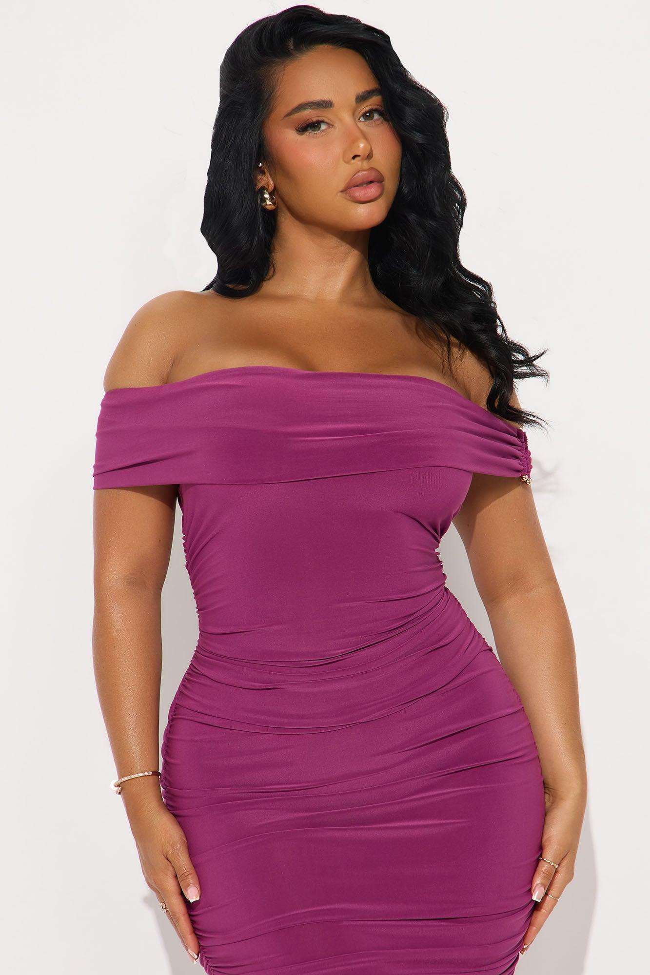 Della Off Shoulder Ruched Mini Dress - Magenta Female Product Image