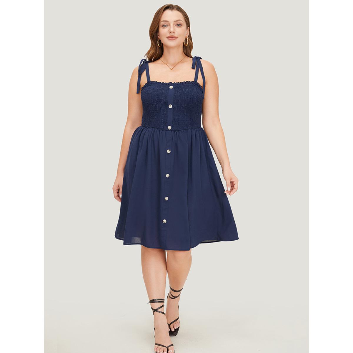 Plus Size Plain Button Detail Pocket Shirred Ruffles Knot Cami Dress Indigo Women Elegant Frill Trim Spaghetti Strap Sleeveless Curvy Knee Dress BloomChic 28/5X Product Image