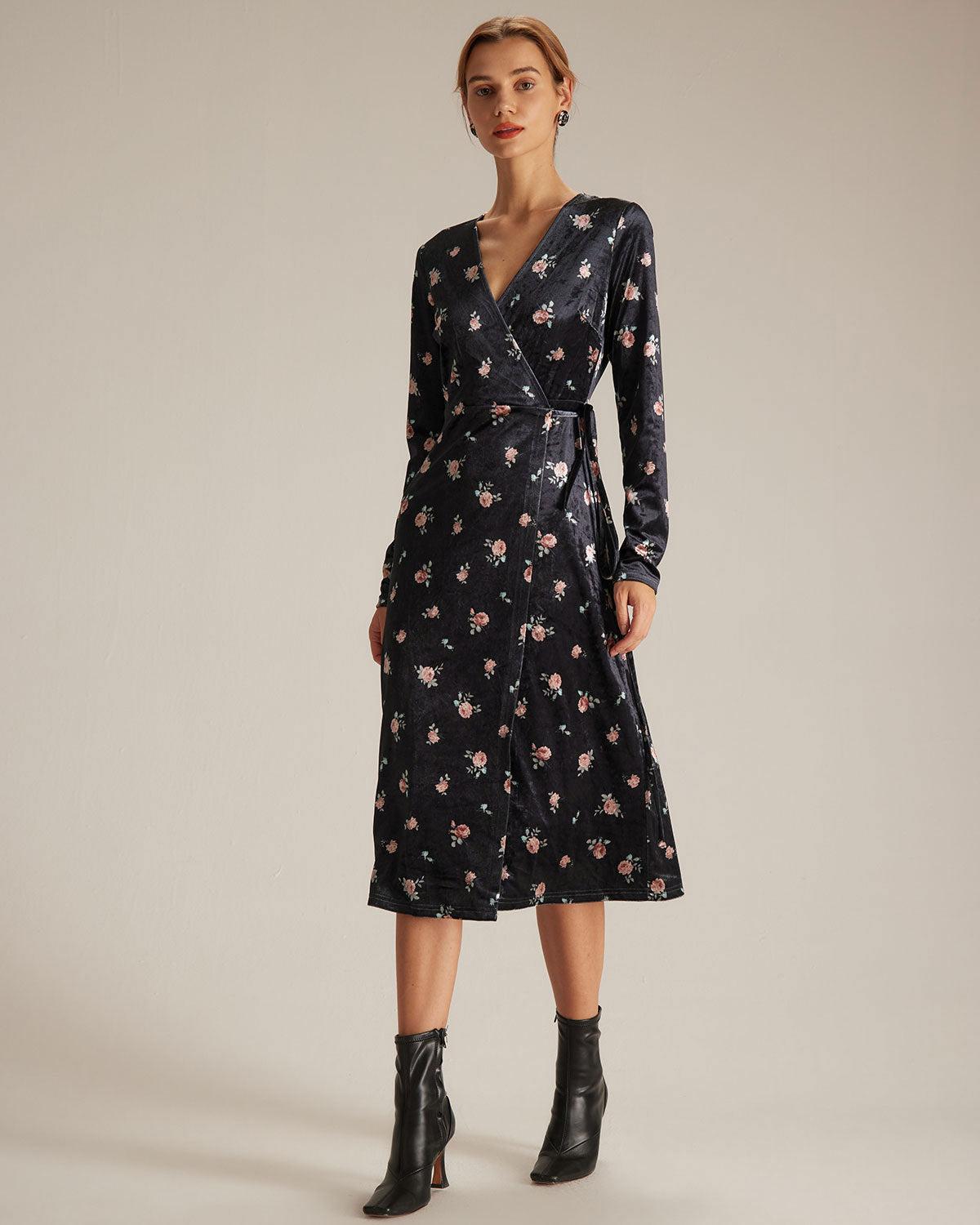 The Black V Neck Floral Velvet Wrap Midi Dress Product Image