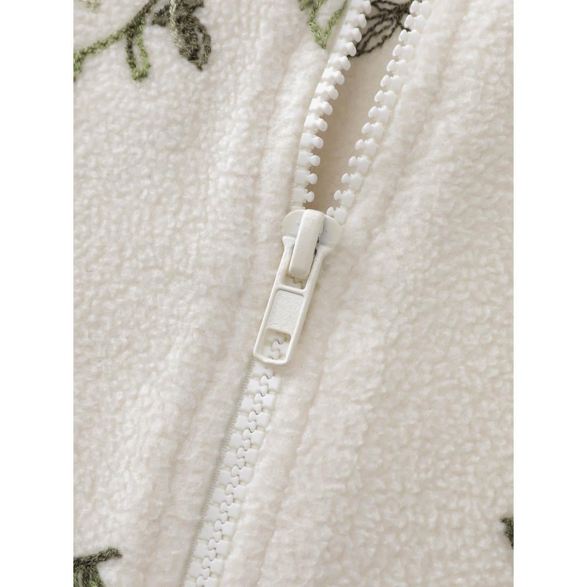 Plus Size Fleece Floral Embroidered Zipper Sweatshirt Women Beige Leisure Turtleneck Casual Sweatshirts BloomChic 10/M Product Image