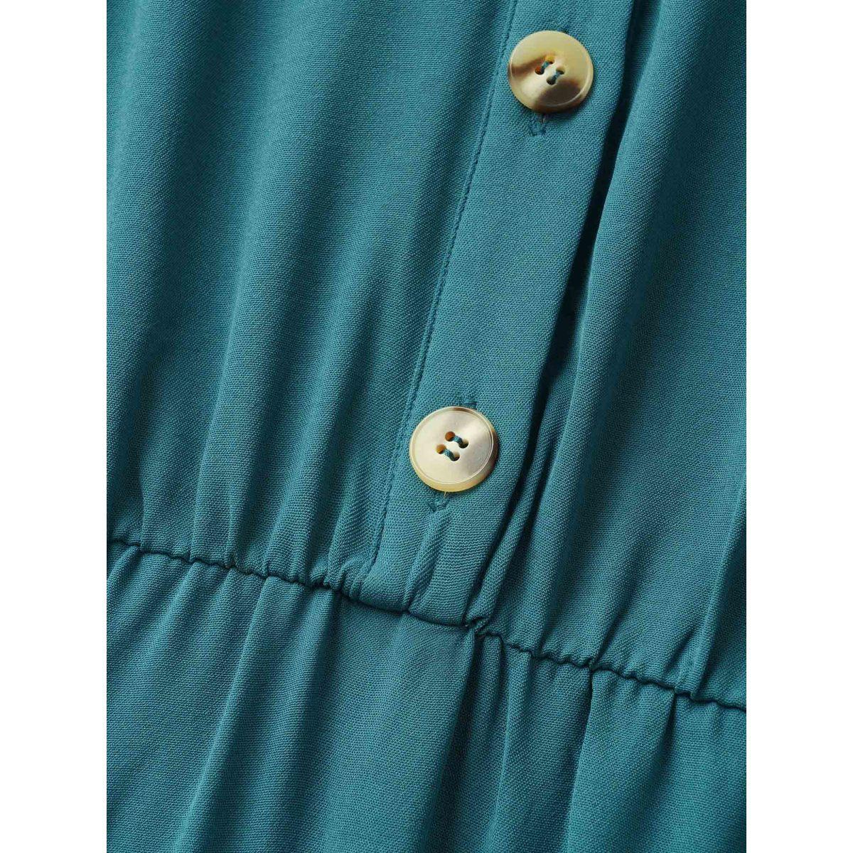 Plus Size Shirred Notched Button Up Belted Dress Aegean Women Elegant Gathered Flat collar with V-notch Short sleeve Curvy BloomChic 26/4X Product Image