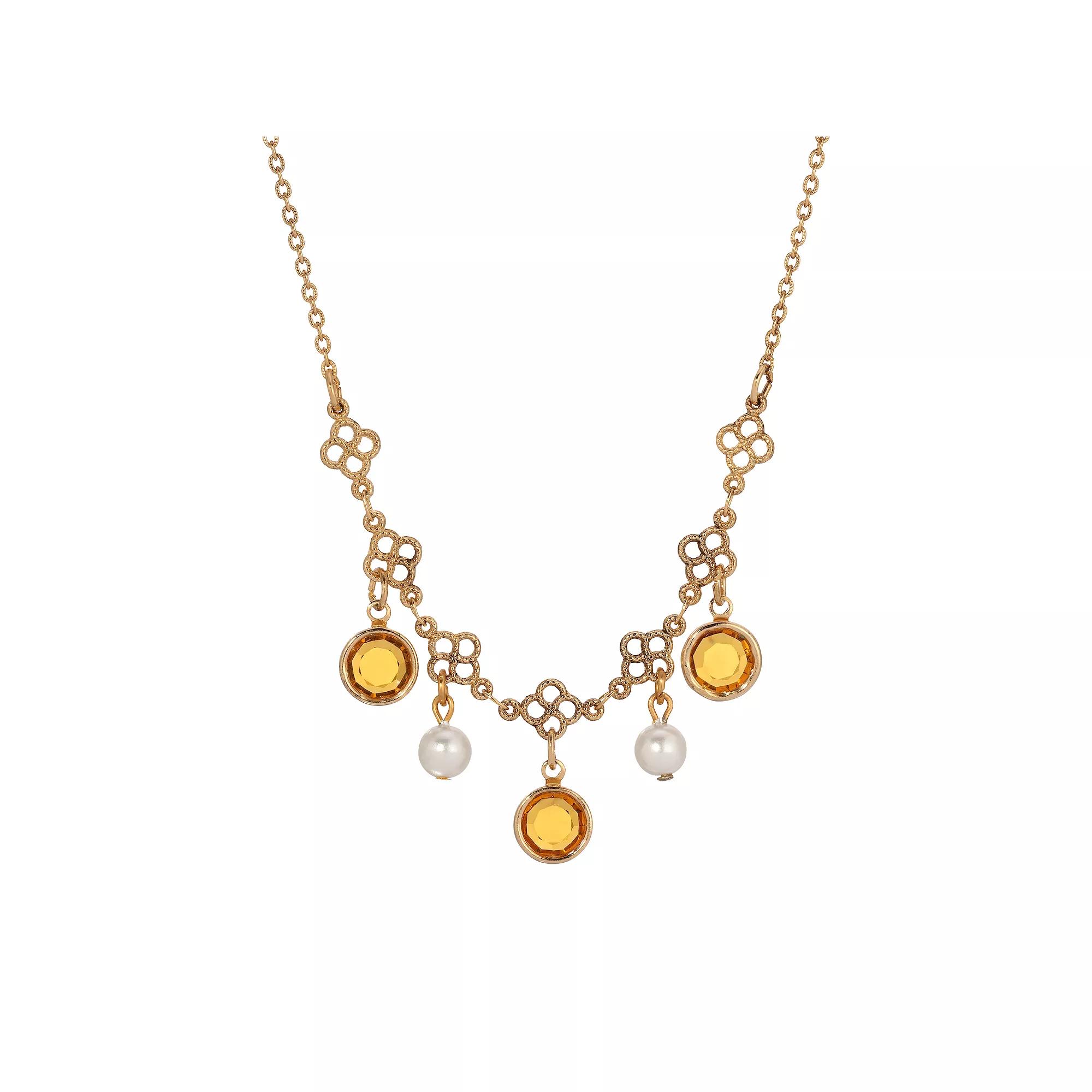 1928 Gold Tone Filigree Crystal & Simulated Pearl Collar Necklace, Womens, Beige Product Image