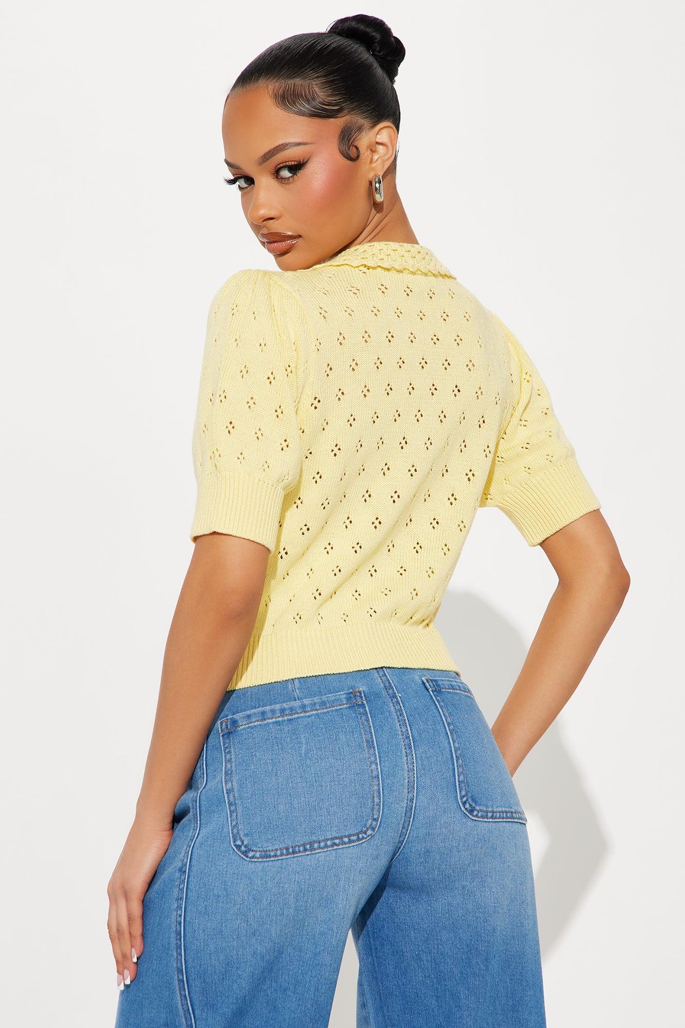 Flirty Pointelle Cardigan Sweater - Yellow Product Image