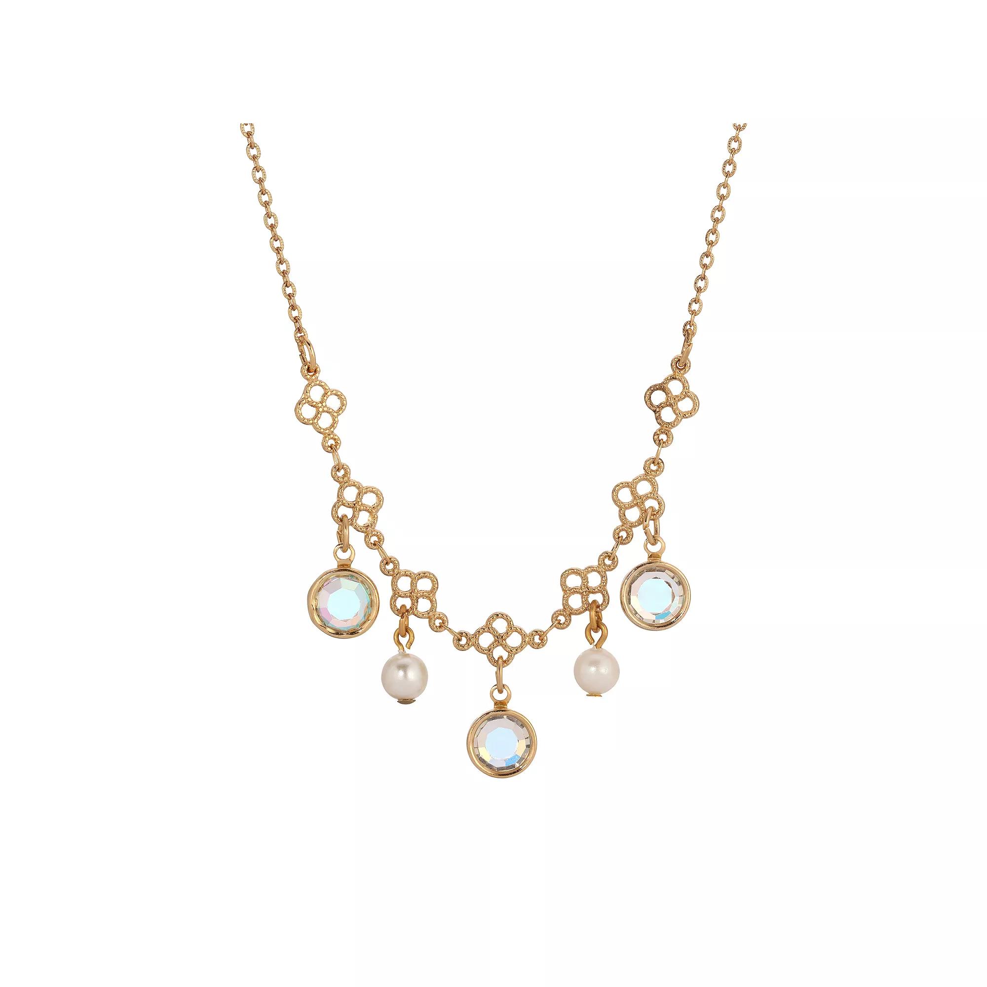 1928 Gold Tone Filigree Crystal & Simulated Pearl Collar Necklace, Womens, White Product Image