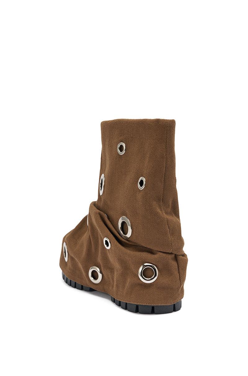 AKIRA GOLD FABLE BROWN GROMMET EMBELLISHED FLAT BOOTIE Product Image