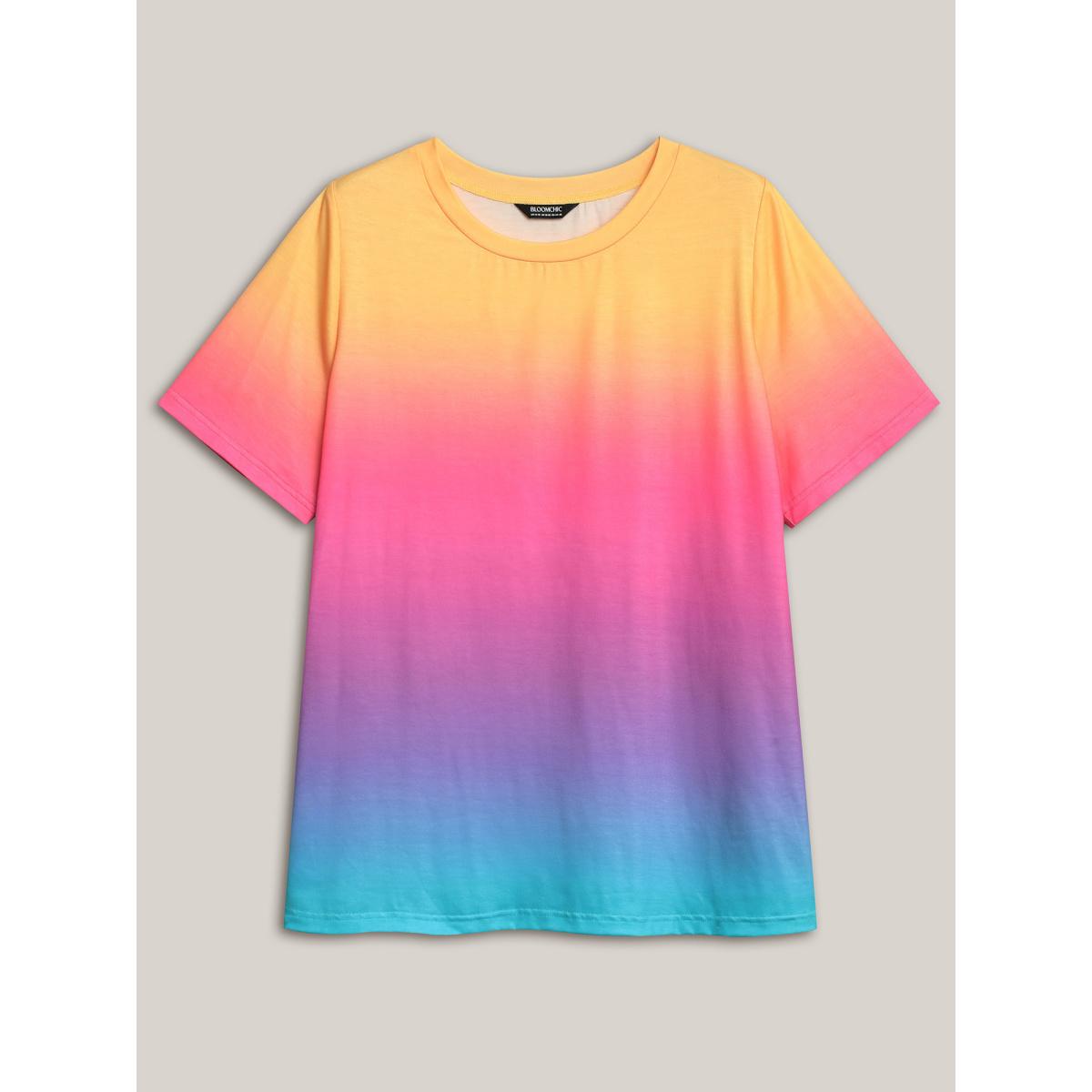 Plus Size Ombre Gradient Crew Neck Curvy T-Shirt Multicolor Women Playful Non Round Neck Casual T-shirts BloomChic 18-20/2X Product Image