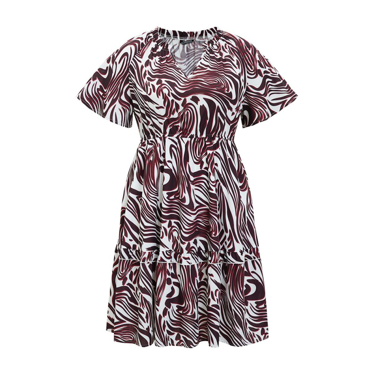 Plus Size Zebra Print Frill Trim Pocket Ruffle Sleeve Dress Multicolor Women Elegant Contrast V-neck Short sleeve Curvy Knee Dress BloomChic 18-20/2X Product Image
