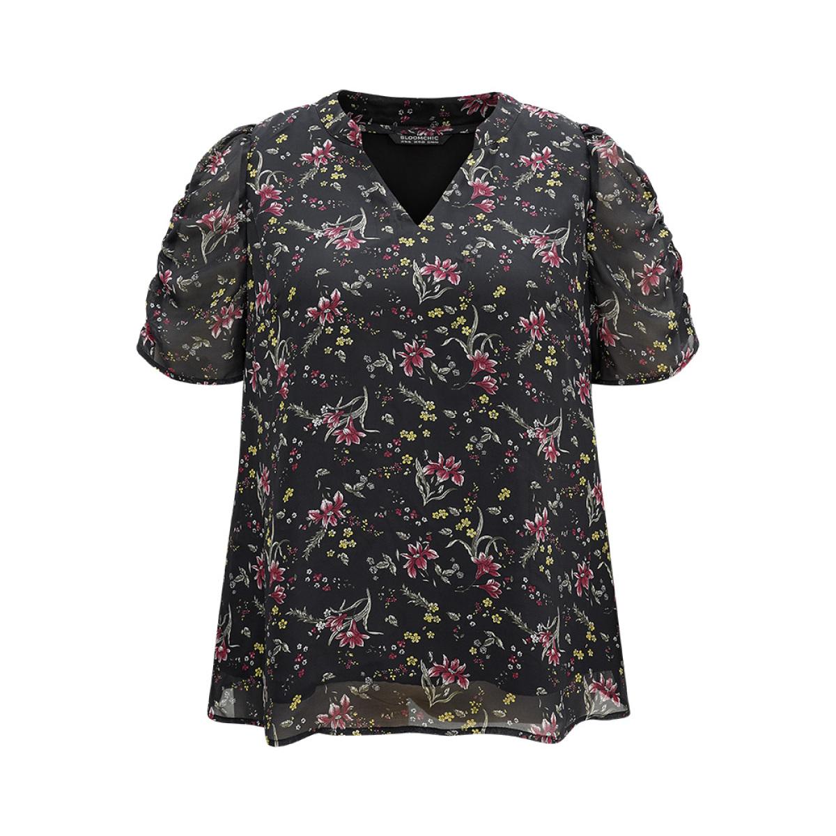 Plus Size BlackFlower Chiffon Ditsy Floral Puff Sleeve Gathered Blouse Women Elegant Short sleeve V-neck Everyday Blouses BloomChic 12/L Product Image