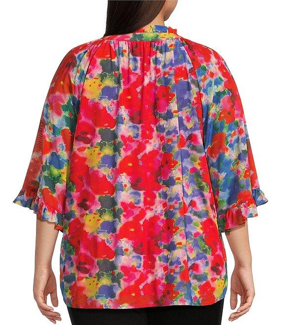 Calessa Plus Size Mesh Abstract Print Split V-Neck Long Sleeve Button Front Tunic Product Image