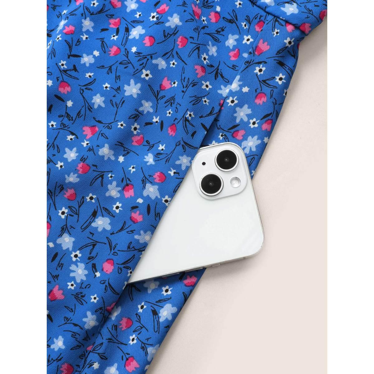 Plus Size Ditsy Floral Drawstring Shirred Cuffs Dress Blue Women Timeless Non Square Neck Half Sleeve Curvy Midi Dress BloomChic 18-20/2X Product Image