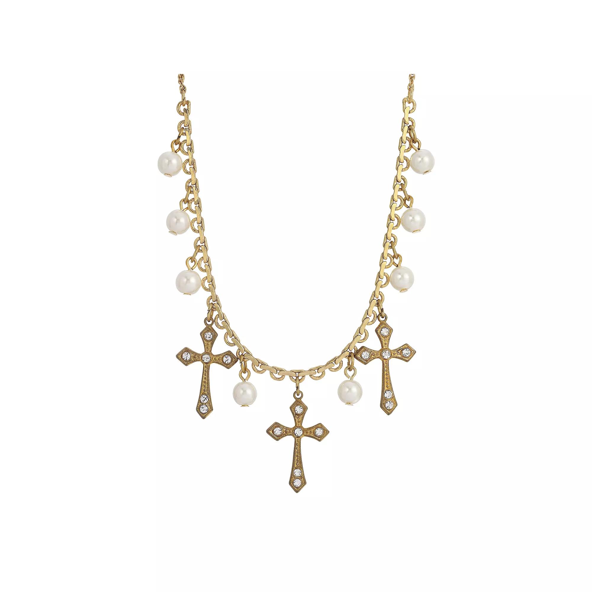 Symbols of Faith Triple-Cross Faux-Pearl Drop Necklace, Womens, White Product Image