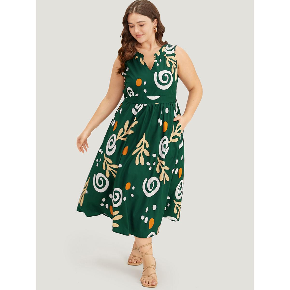 Plus Size Graphic Print Notched Pocket Tank Dress Black Women Vacation Printed Notched collar Sleeveless Curvy Midi Dress BloomChic 30/6X Product Image