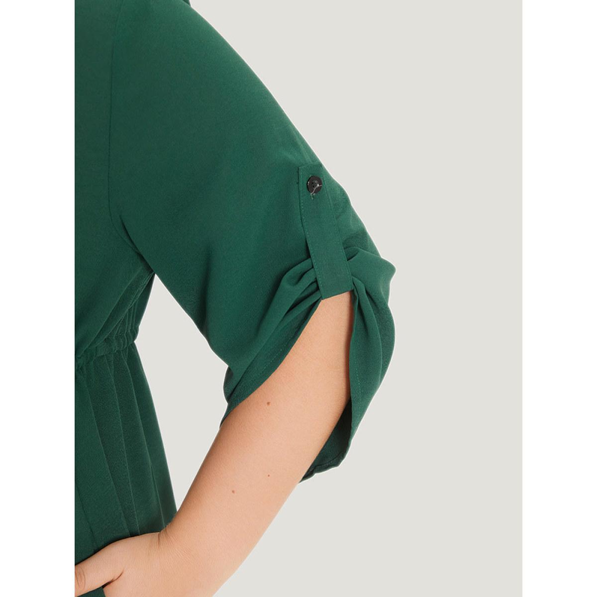 Plus Size Plain Drawstring Pocket Zipper Notched Gathered Tab Sleeve Dress Green Women Office Zipper Notched collar Half Sleeve Curvy Knee Dress BloomChic 18-20/2X Product Image