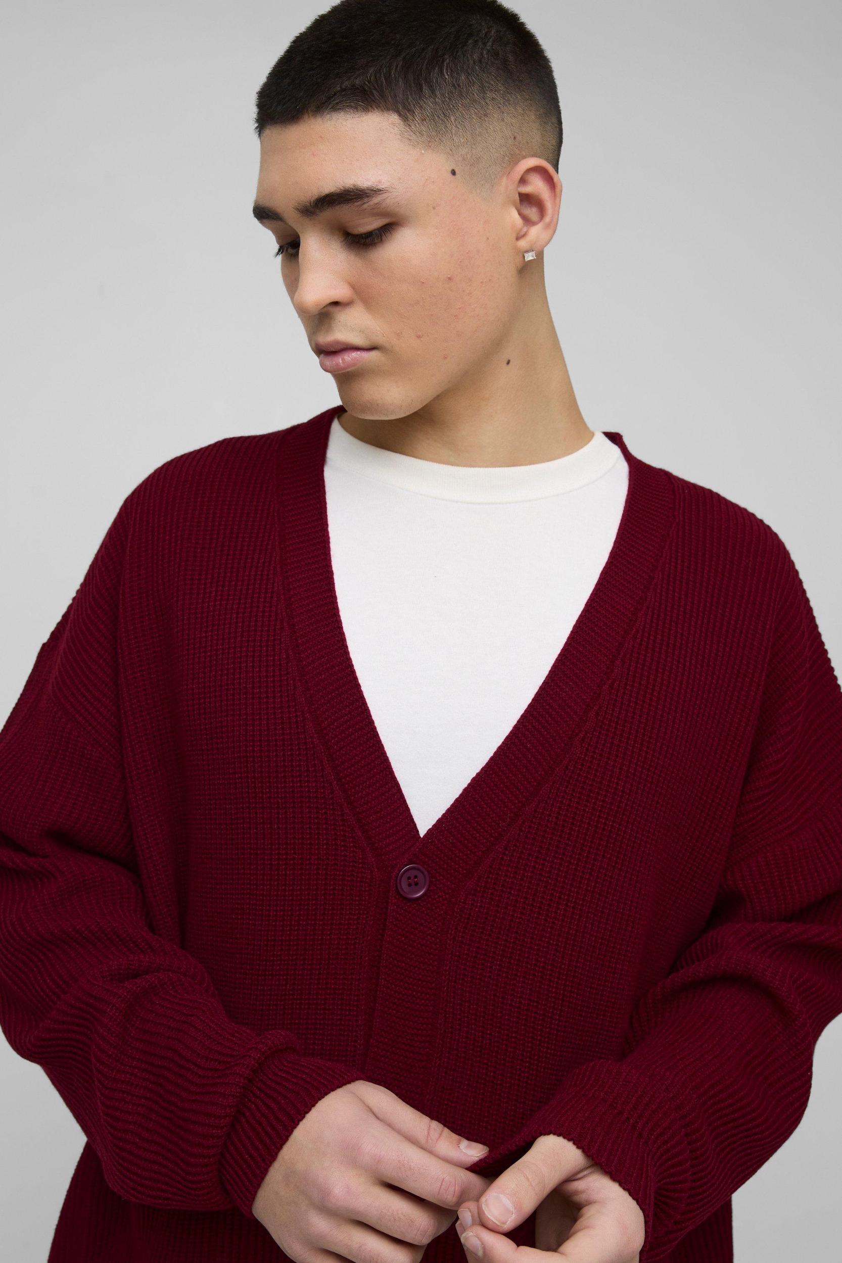 Oversized Dropped Shoulder Ribbed Knitted Cardigan | boohooMAN USA Product Image