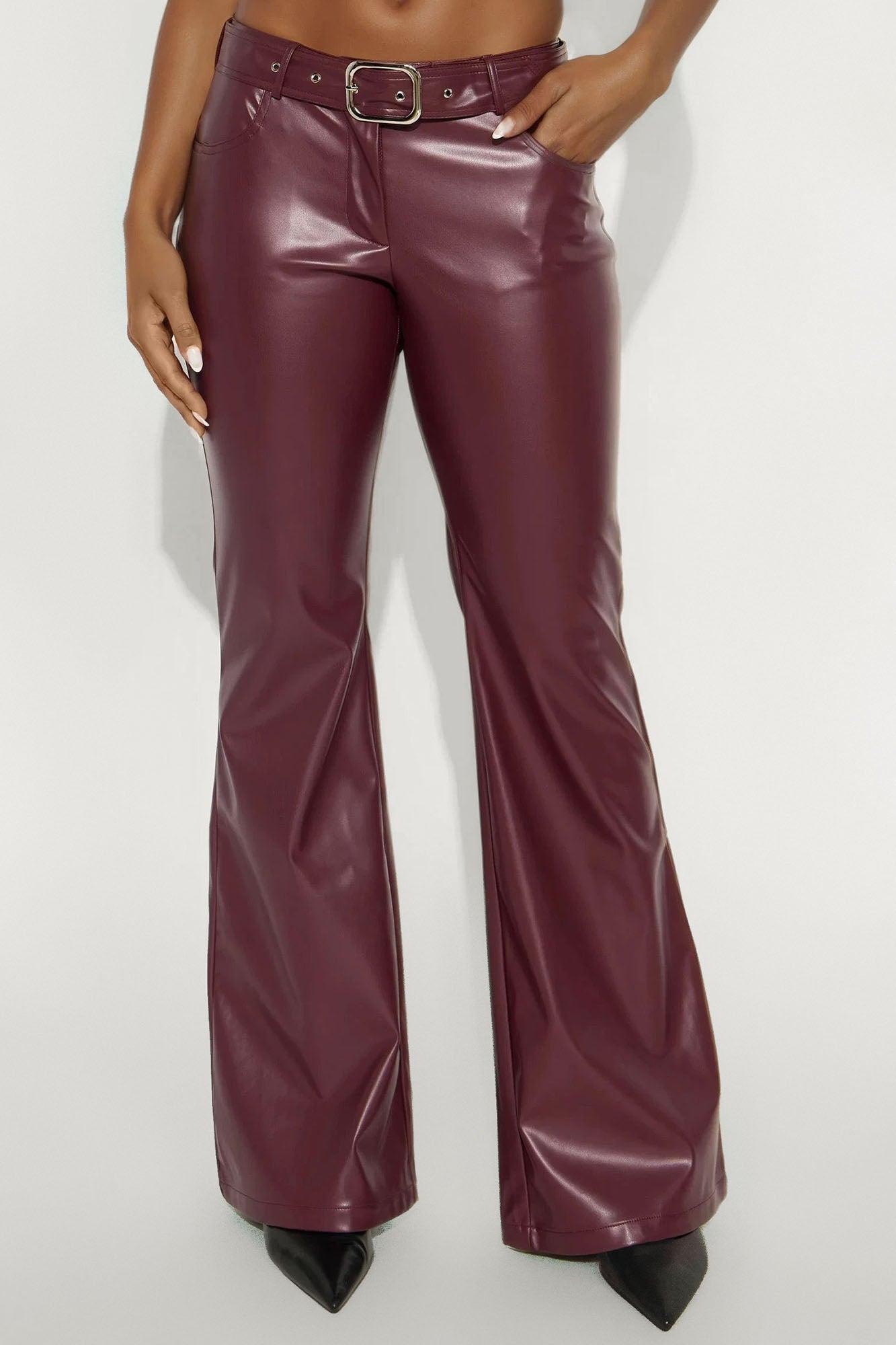Can't Forget Me Faux Leather Belted Wide Leg Pant 33 - Wine Female Product Image