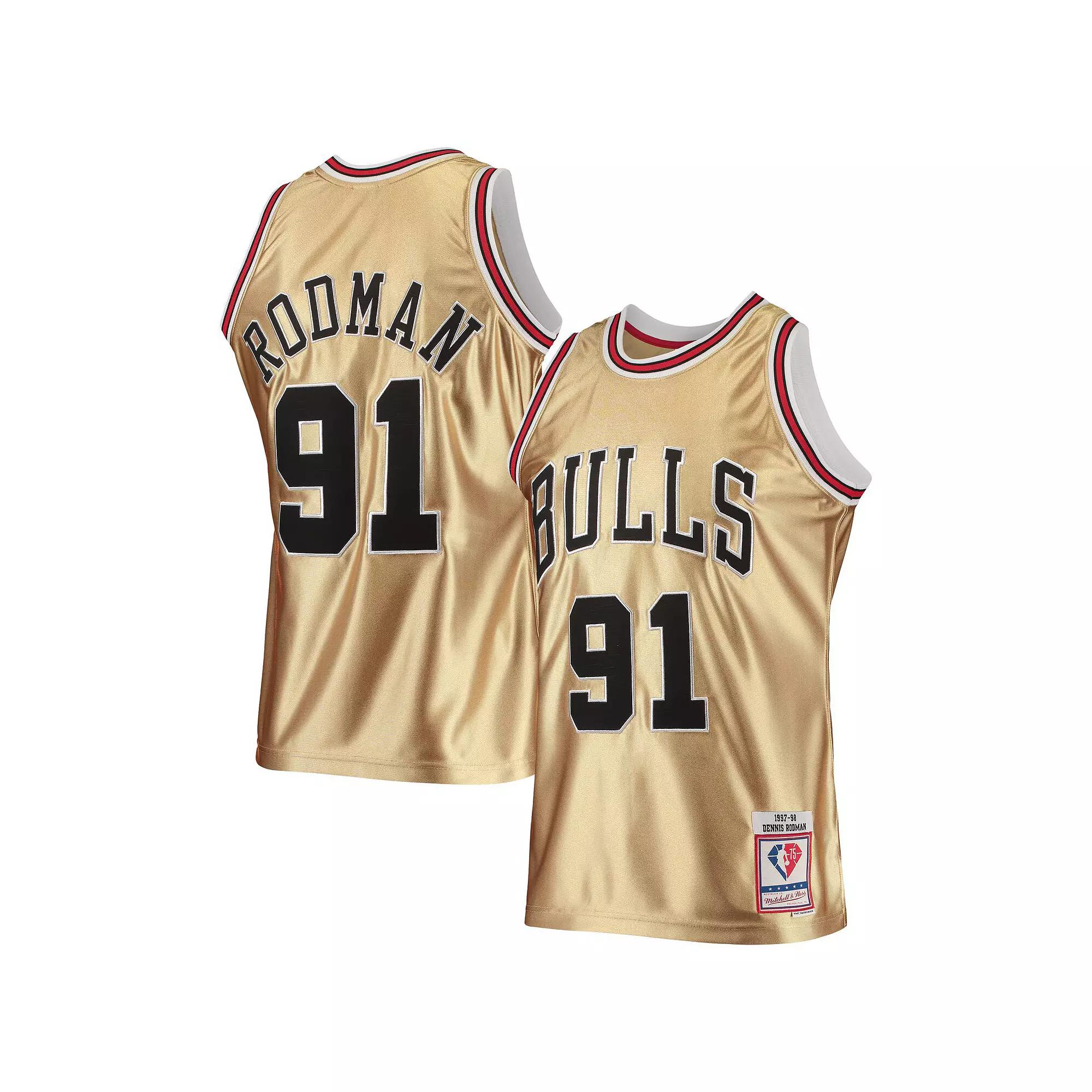 Men's Mitchell & Ness Dennis Rodman Gold Chicago Bulls 75th Anniversary 1997/98 Hardwood Classics Swingman Jersey, Size: Small Product Image