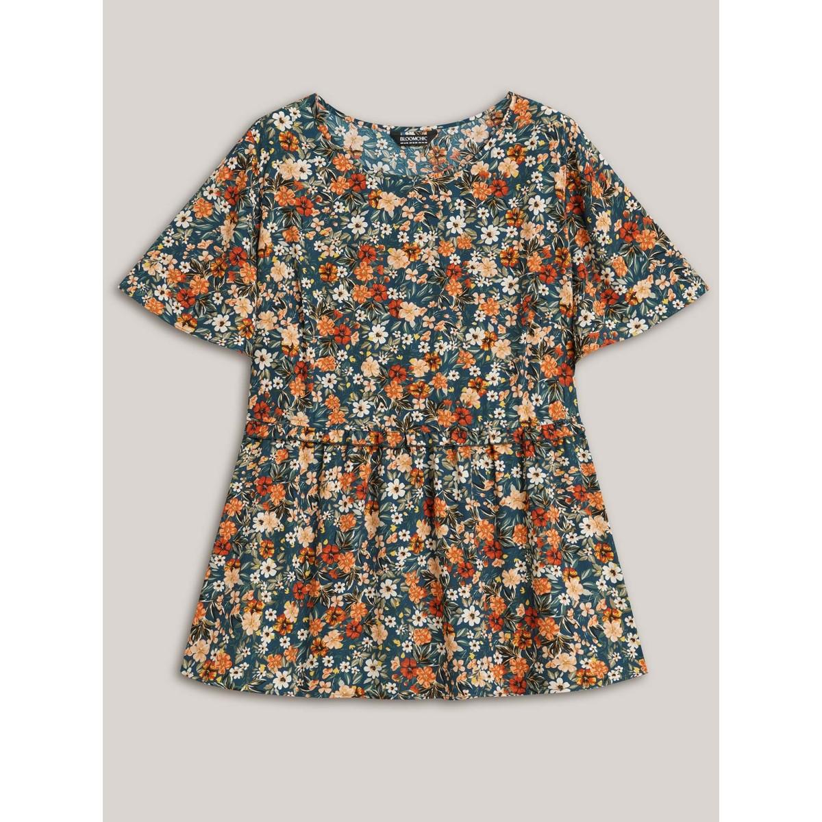 Plus Size DarkSlateGray Floral Ruffled Round Neck Shirt Women Timeless Short sleeve Round Neck Elegant Blouses BloomChic 30/6X Product Image