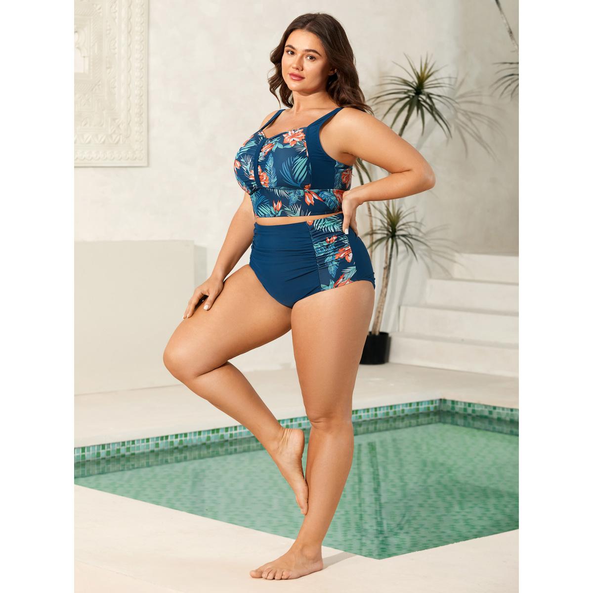 Plus Size Tropical Print Ruched Swim Bottoms Women's Swimwear Indigo Resort Gathered High stretch Skinny High Rise Curve Swim Bottoms BloomChic 18-20/2X Product Image