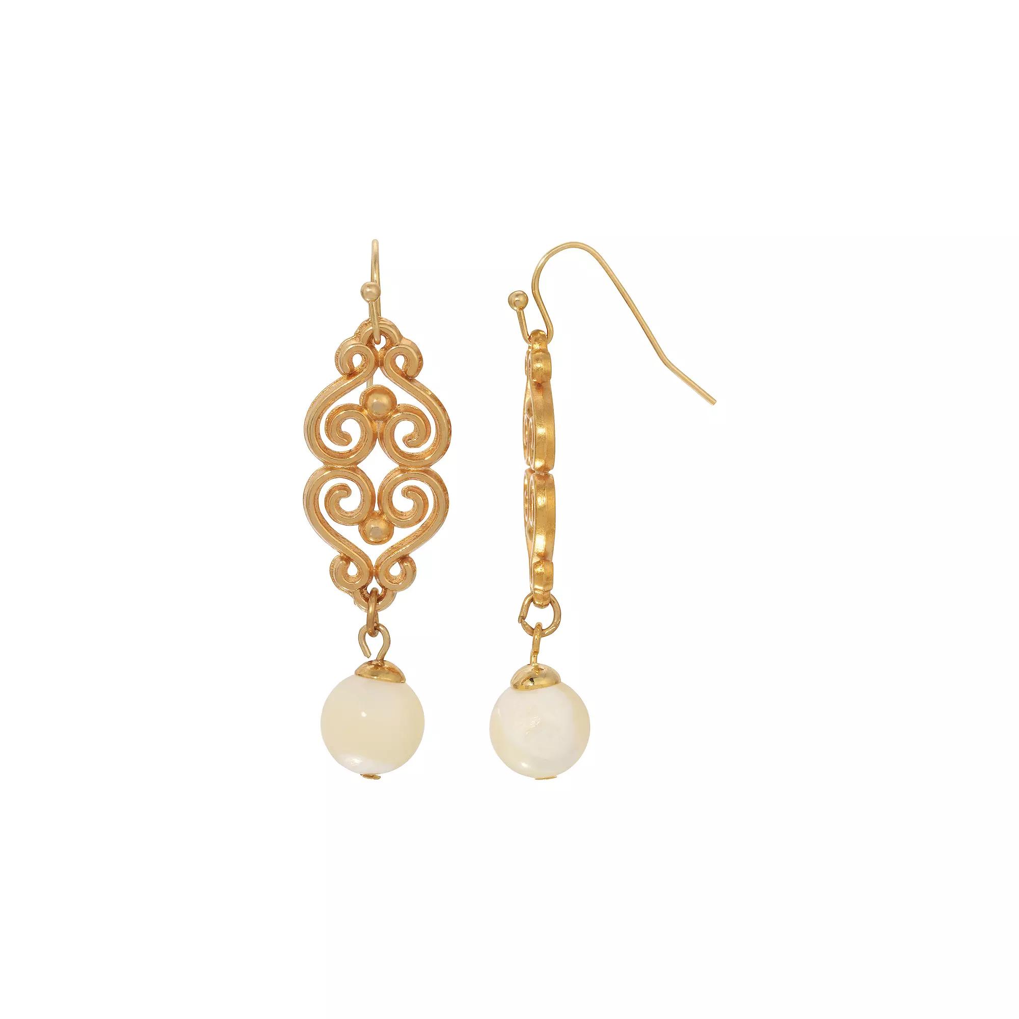 1928 Gold-Tone Filigree Mother of Pearl Bead Drop Earrings, Womens, White Product Image