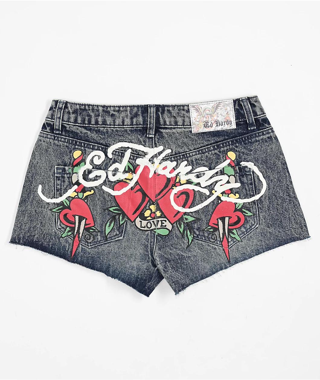 Ed Hardy Heart Dagger Blue Wash Denim Cutoff Shorts Product Image