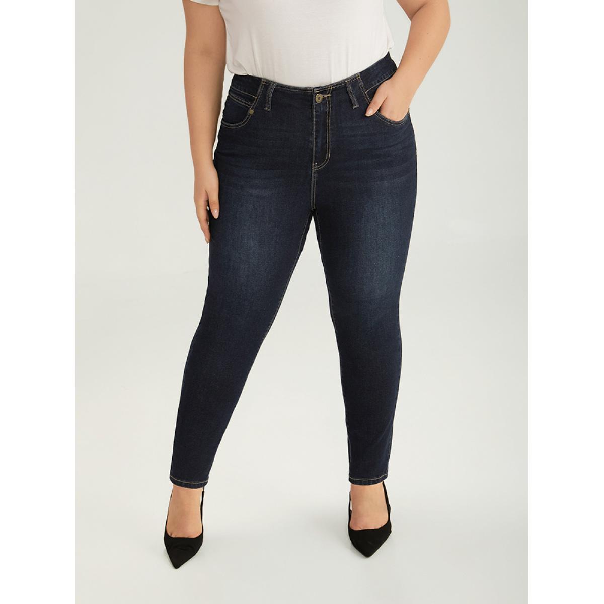 Plus Size Solid Stitch Very Stretchy Patchwork Waist Jeans Women Midnight Casual Plain Plain High stretch Pocket Jeans BloomChic 12/L Product Image