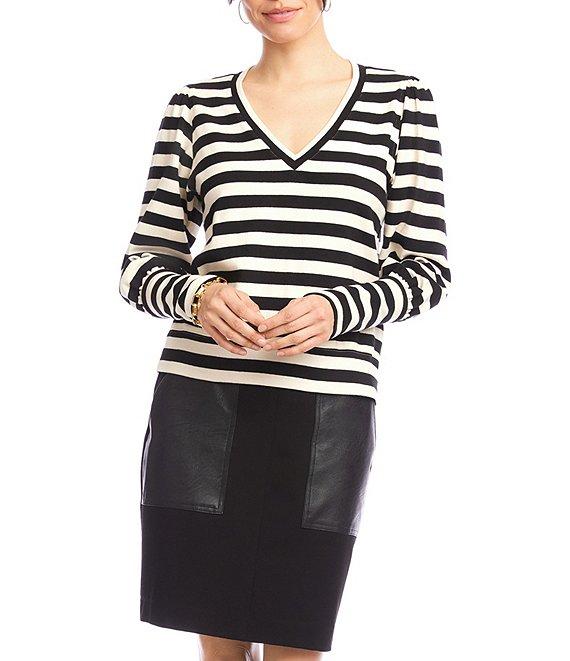 Karen Kane Petite Size Stripe Bishop Sleeve V-Neck Top Product Image