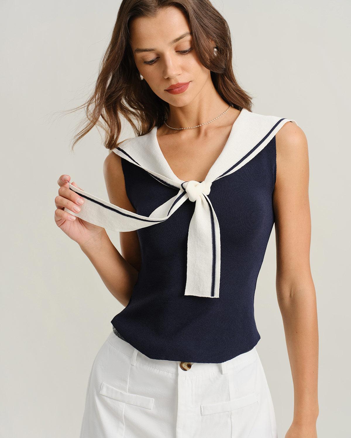 Blue Contrast V Neck Tank Top Product Image