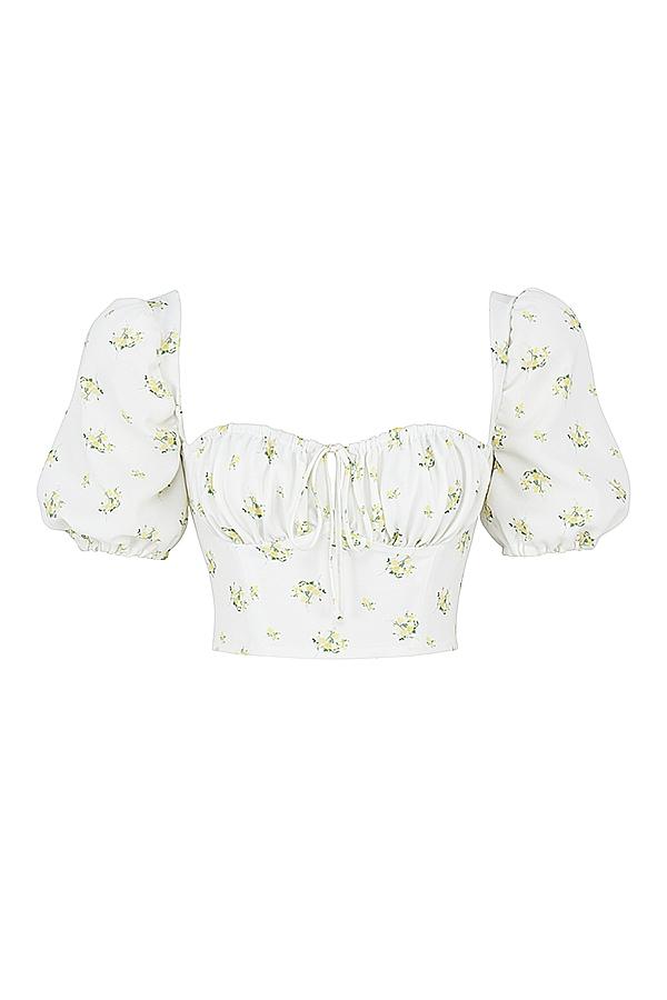 Arianna  ivory floral puff sleeve cropped top Product Image